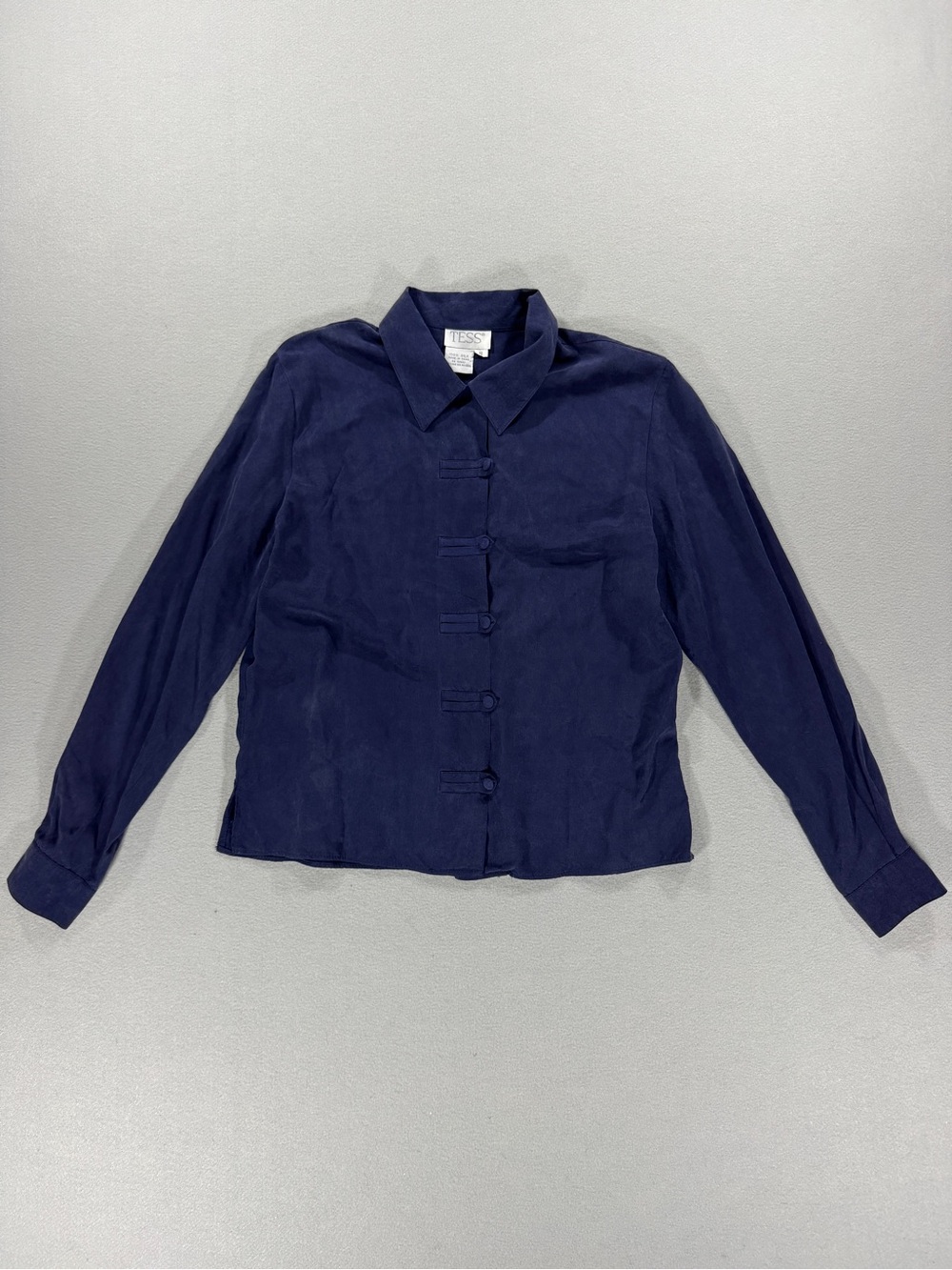 TESS Vintage 100% Silk Navy Chinese Knot Button Blouse Top Women’s Small